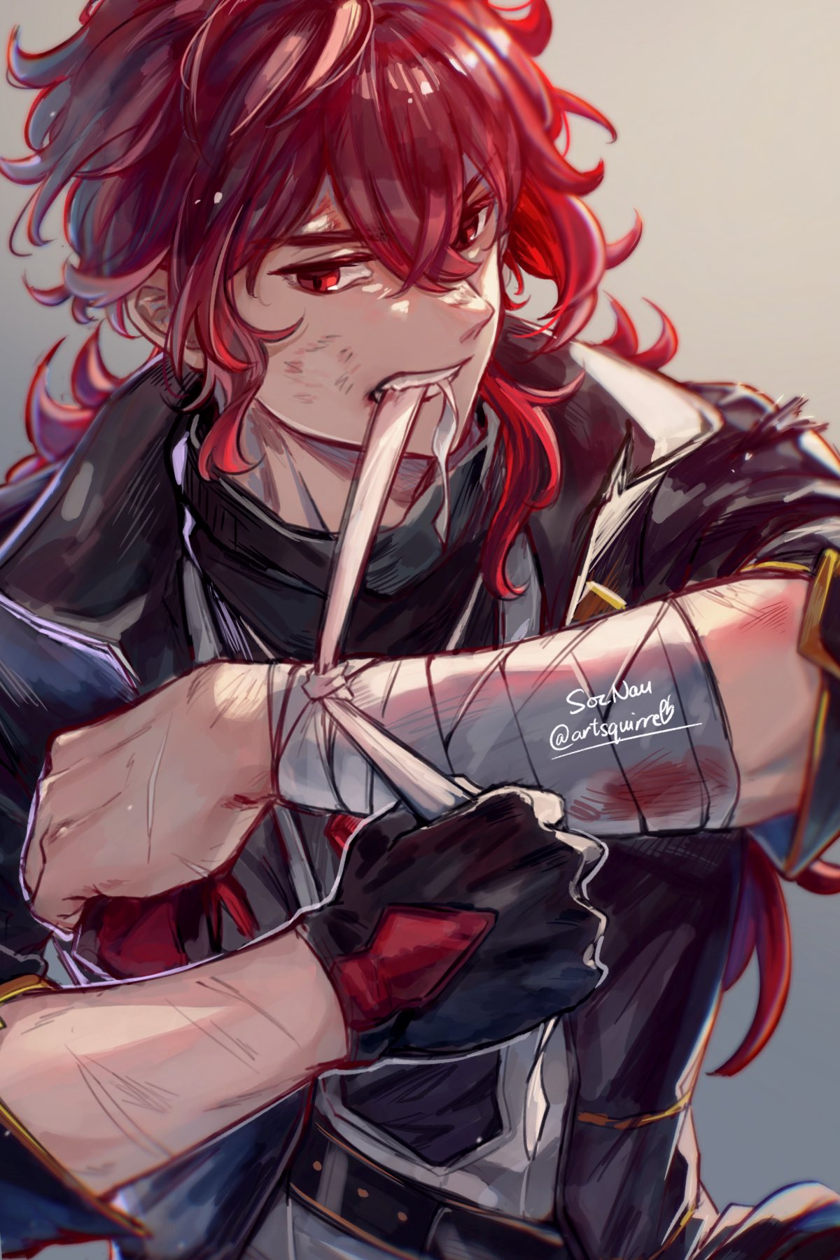 1boy, applying_bandages, artist_name, backlighting, bandaged_arm, bandages, bangs, black_gloves