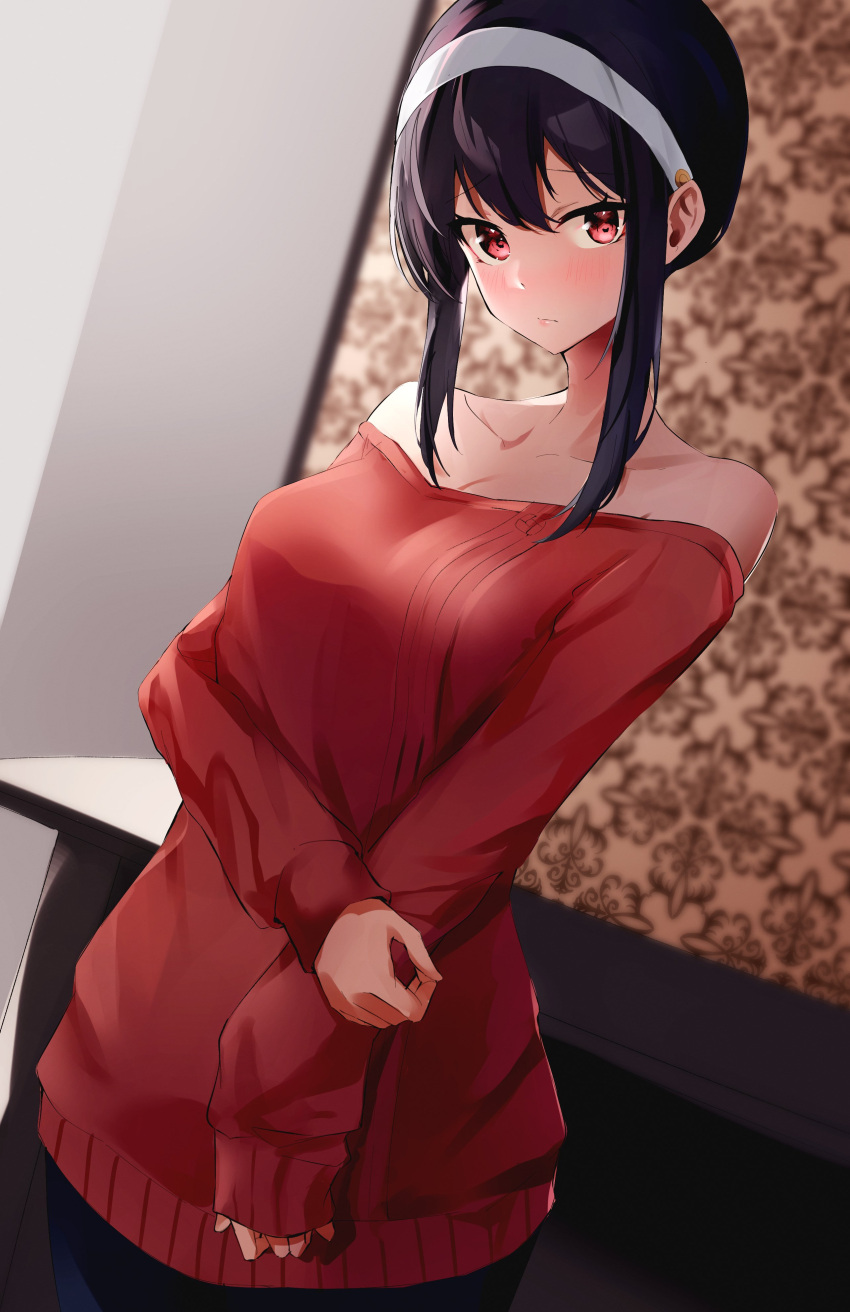 1girl, absurdres, bangs, bare_shoulders, black_hair, blurry, blurry_background, blush
