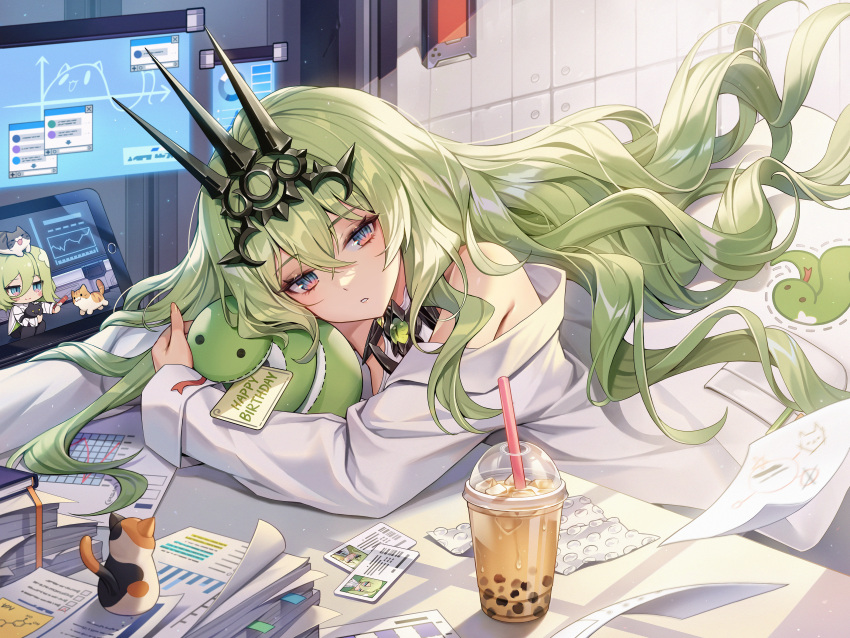 1girl, absurdres, bare_shoulders, blue_eyes, bubble_tea, commentary, computer, desk, doll_hug, green_hair, happy_birthday, highres, honkai_(series), honkai_impact_3rd, klein_(honkai_impact), labcoat, laptop, long_hair, looking_at_viewer, mobius_(honkai_impact), object_hug, off_shoulder, slit_pupils, solo, stuffed_snake, tiara, tomogy, very_long_hair