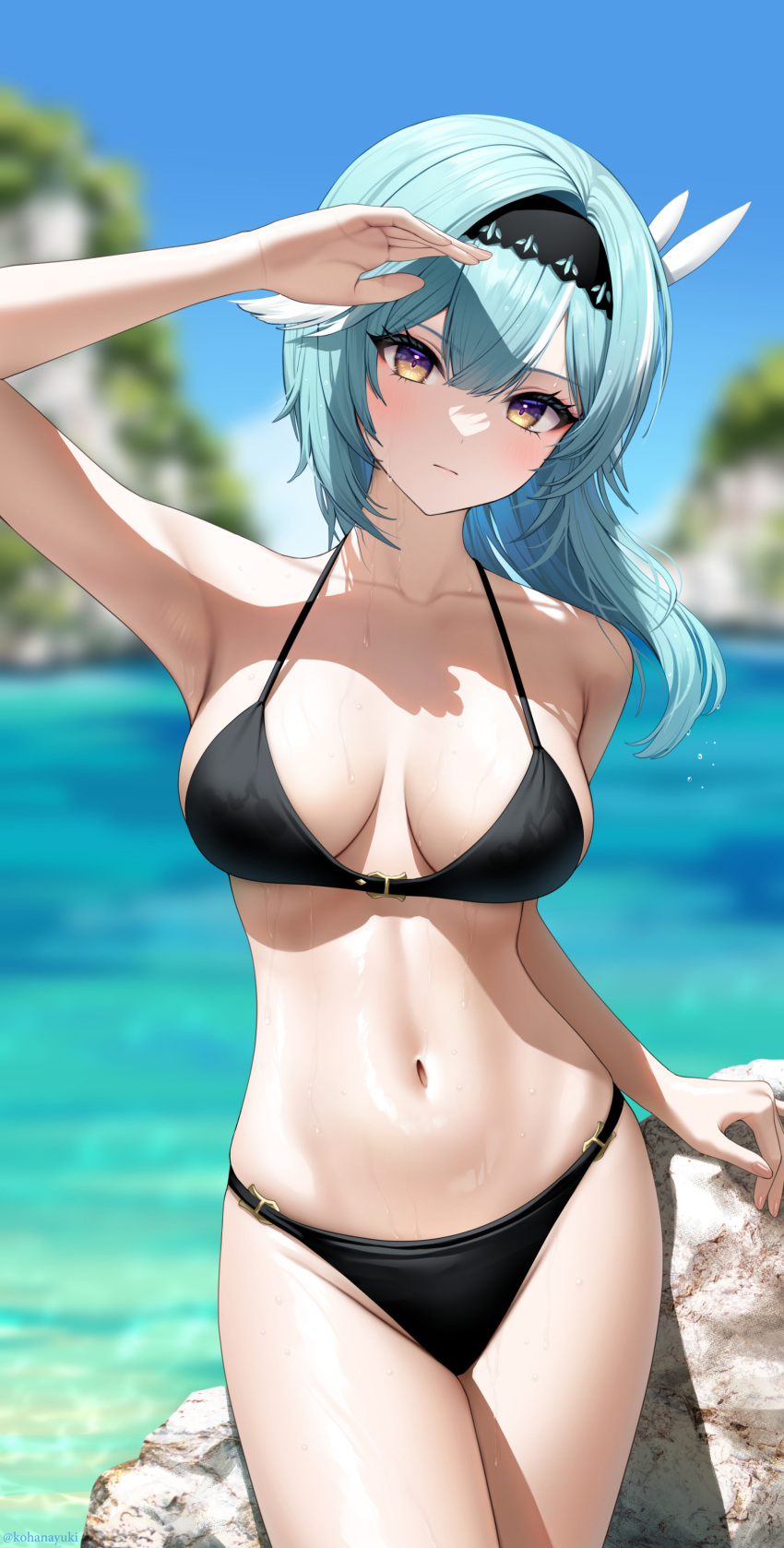 1girl, absurdres, aqua_hair, arm_up, artist_name, asymmetrical_hair, bangs, bikini