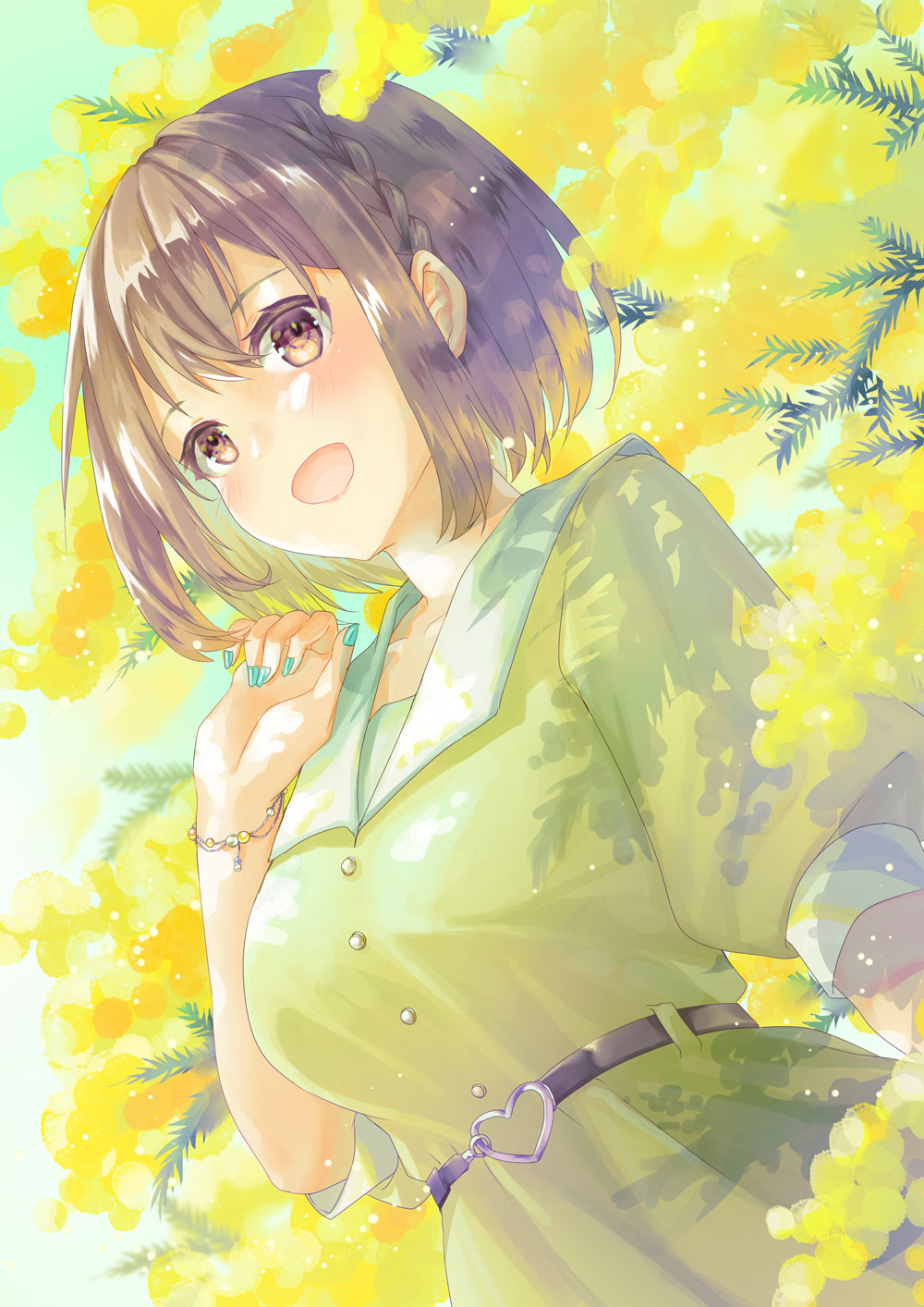 1girl, aqua_nails, bangs, belt, blush, bob_cut, braid, breasts