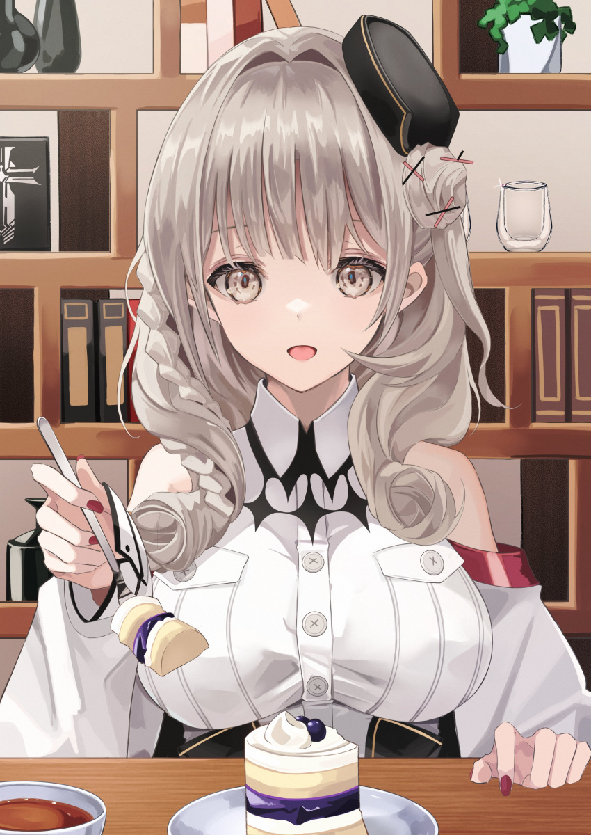 1girl, absurdres, azur_lane, bare_shoulders, black_headwear, book, bookshelf, breast_pocket