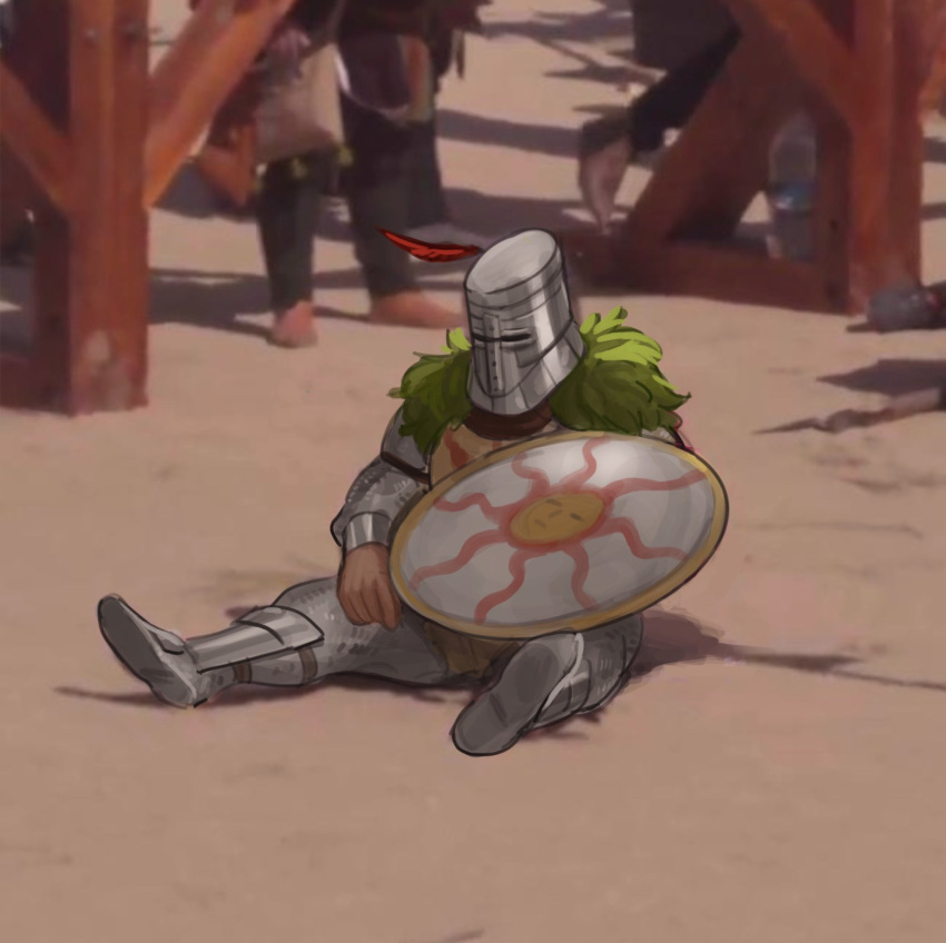 1boy, armor, boots, chainmail, dark_souls_(series), dark_souls_i, derivative_work, helmet, highres, holding, holding_shield, male_focus, meme, photo-referenced, photo_background, plume, shield, sitting, sleepysolaire, solaire_of_astora, solo_focus, tabard