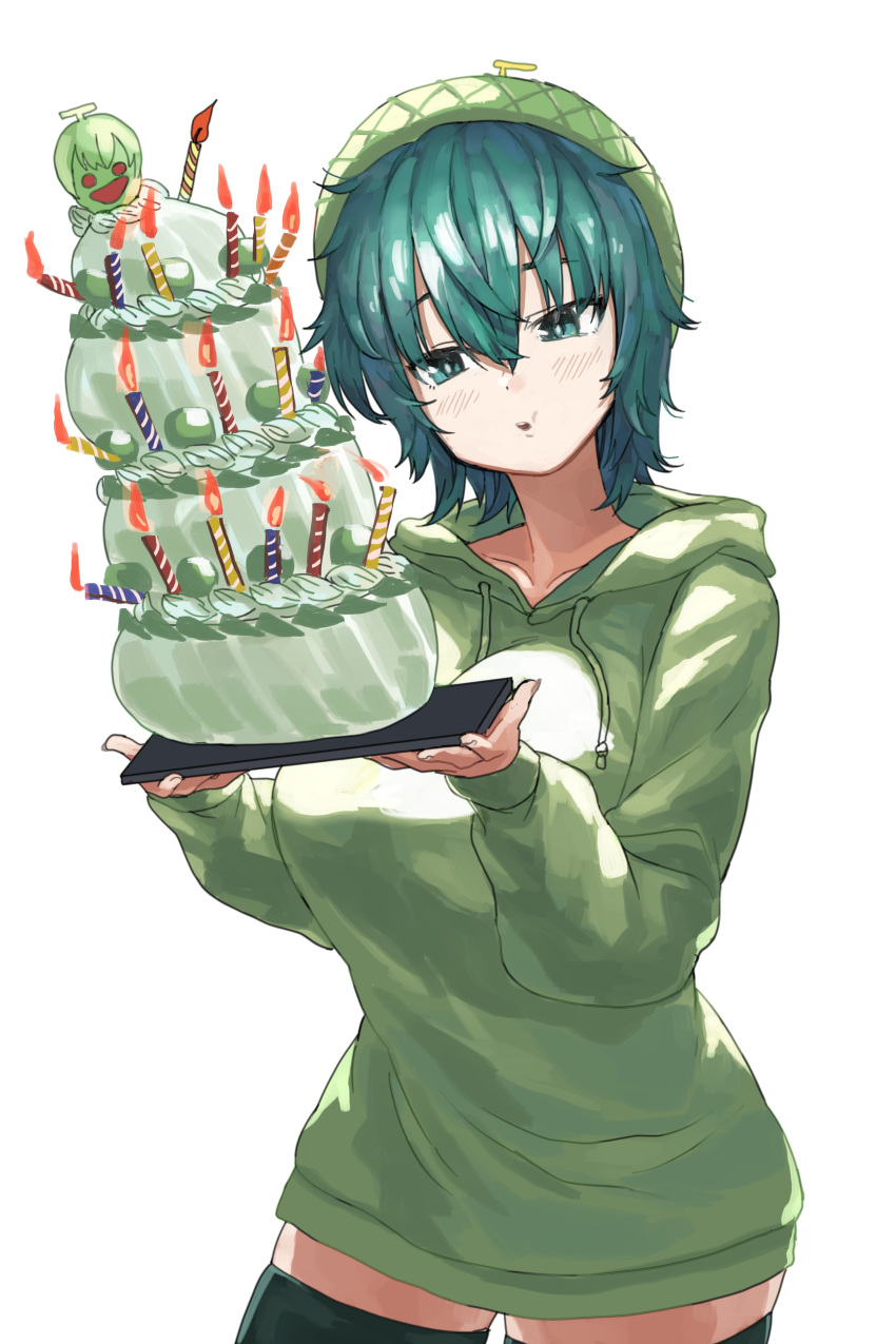 1girl, absurdres, birthday_cake, blowing_candle, blush, breasts, cake, dot_nose