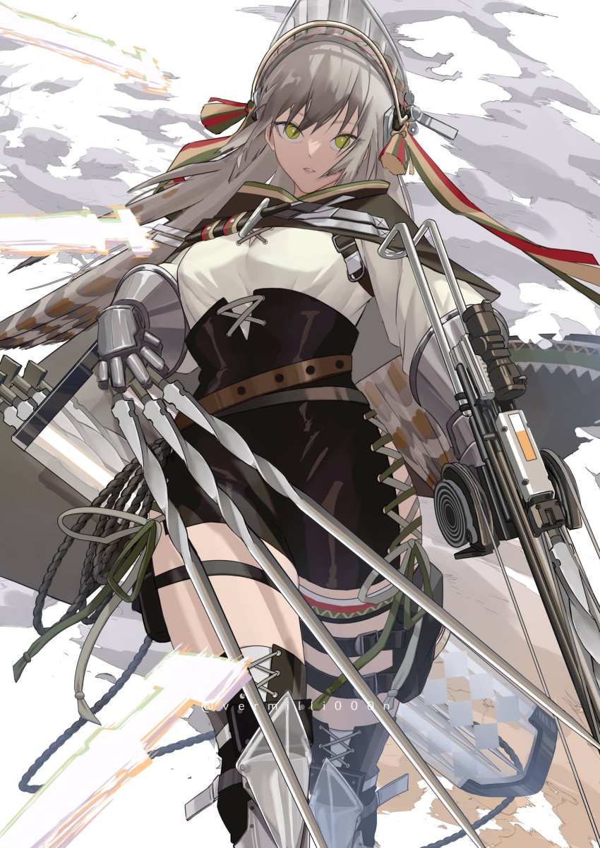 1girl, arknights, artist_name, bangs, black_skirt, boots, breasts, brown_cape
