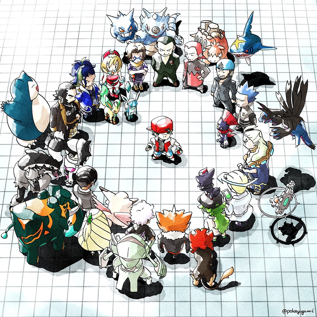 2girls, 6+boys, adaman_(pokemon), ahoge, anklet, archie_(pokemon), bandana, bangs