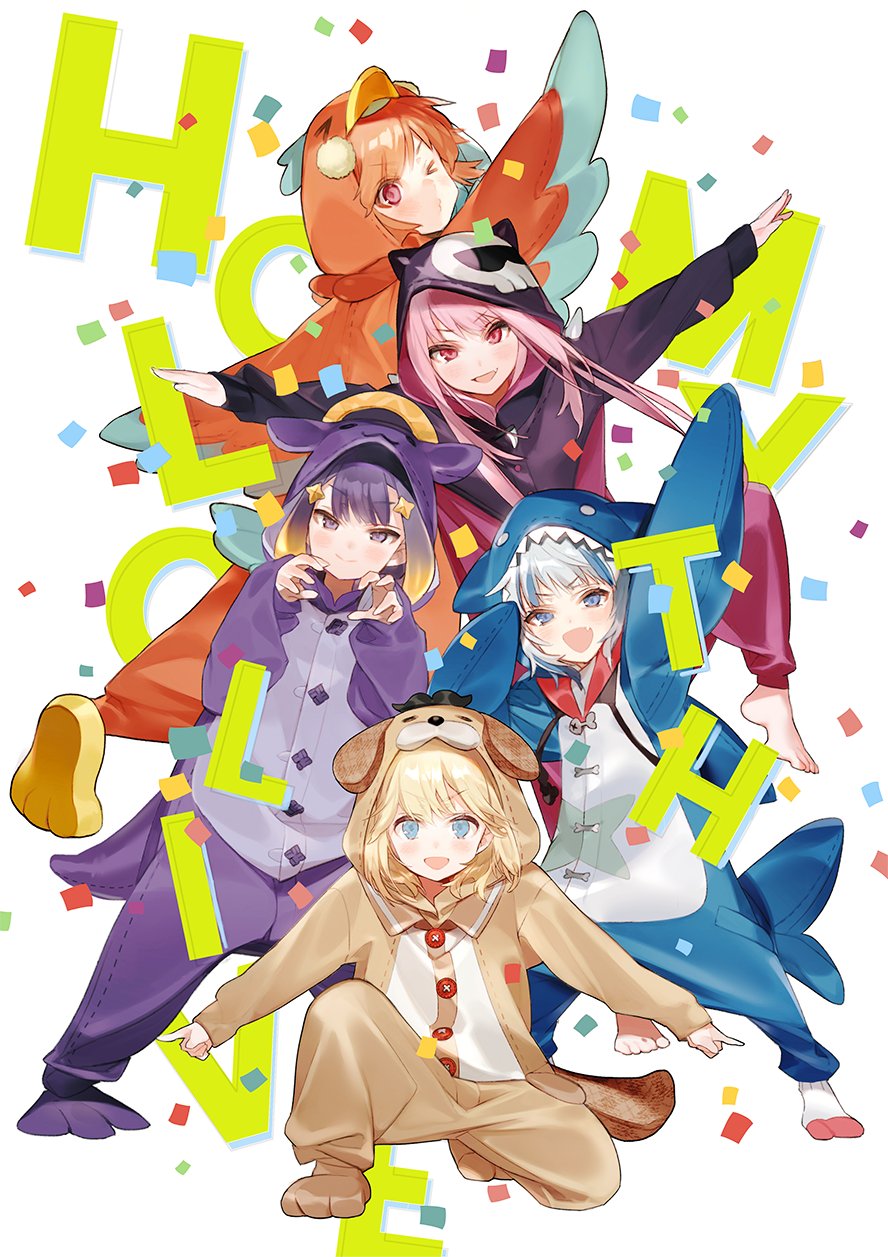 animal_costume, animal_hood, banned_artist, bloop_(gawr_gura), bubba_(watson_amelia), fish_tail, gawr_gura, ginyu_force_pose
