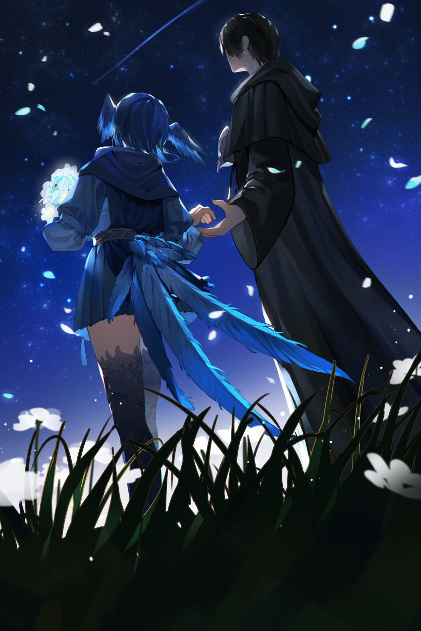 1boy, 1girl, absurdres, bird_girl, bird_legs, bird_tail, black_capelet, black_hair