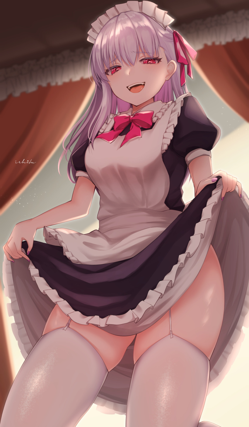 1girl, absurdres, alternate_costume, apron, black_dress, clothes_lift, dress, dress_lift