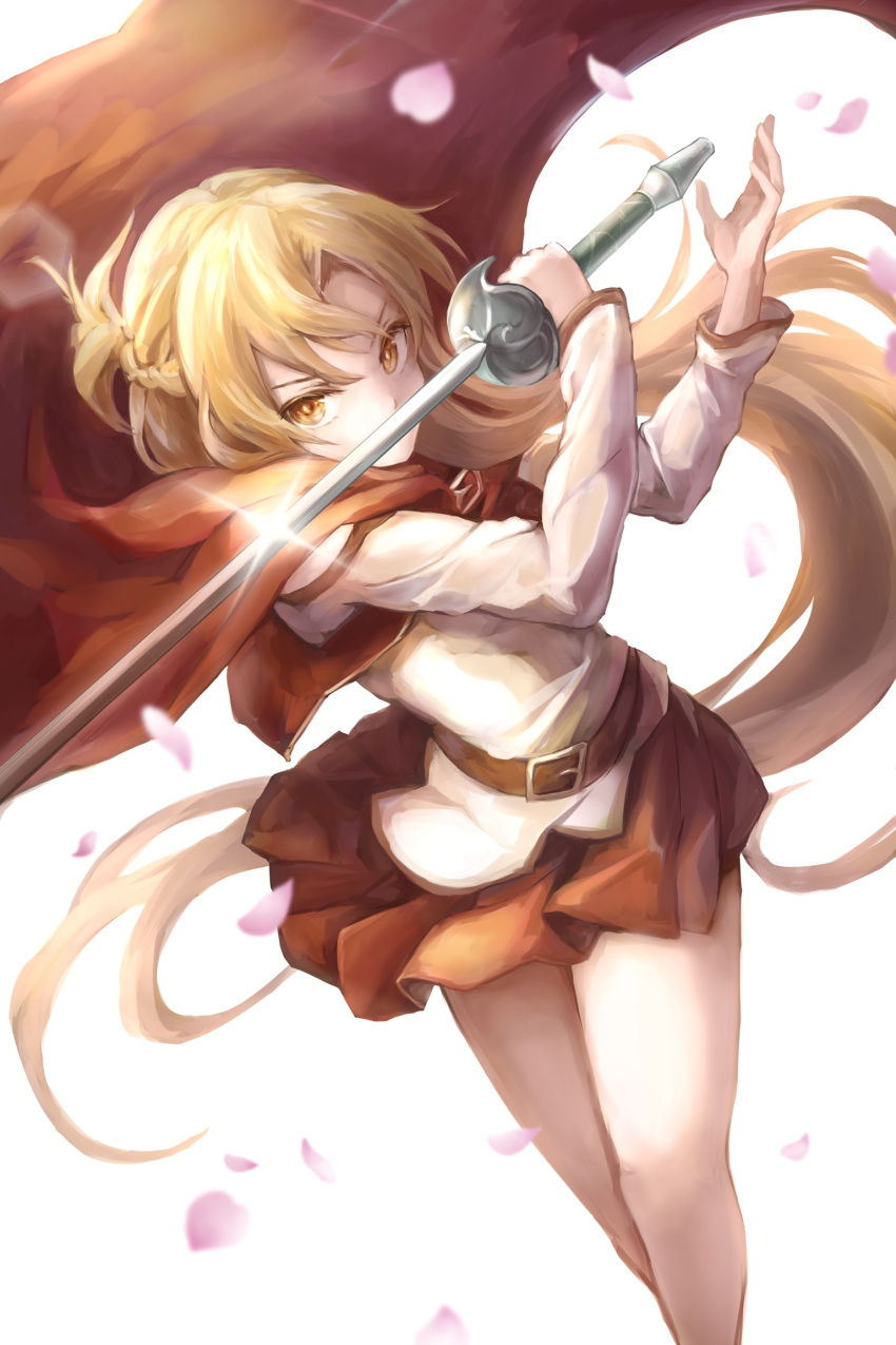 1girl, asuna_(sao), bare_legs, braid, brown_eyes, brown_hair, cape, covering_mouth, cropped_vest, falling_petals, fighting_stance, floating_cape, floating_hair, french_braid, highres, holding, holding_sword, holding_weapon, kurau476, long_hair, miniskirt, off-shoulder_shirt, off_shoulder, petals, rapier, red_cape, red_skirt, red_vest, shirt, short_ponytail, skirt, solo, sword, sword_art_online, vest, weapon, white_background, white_shirt