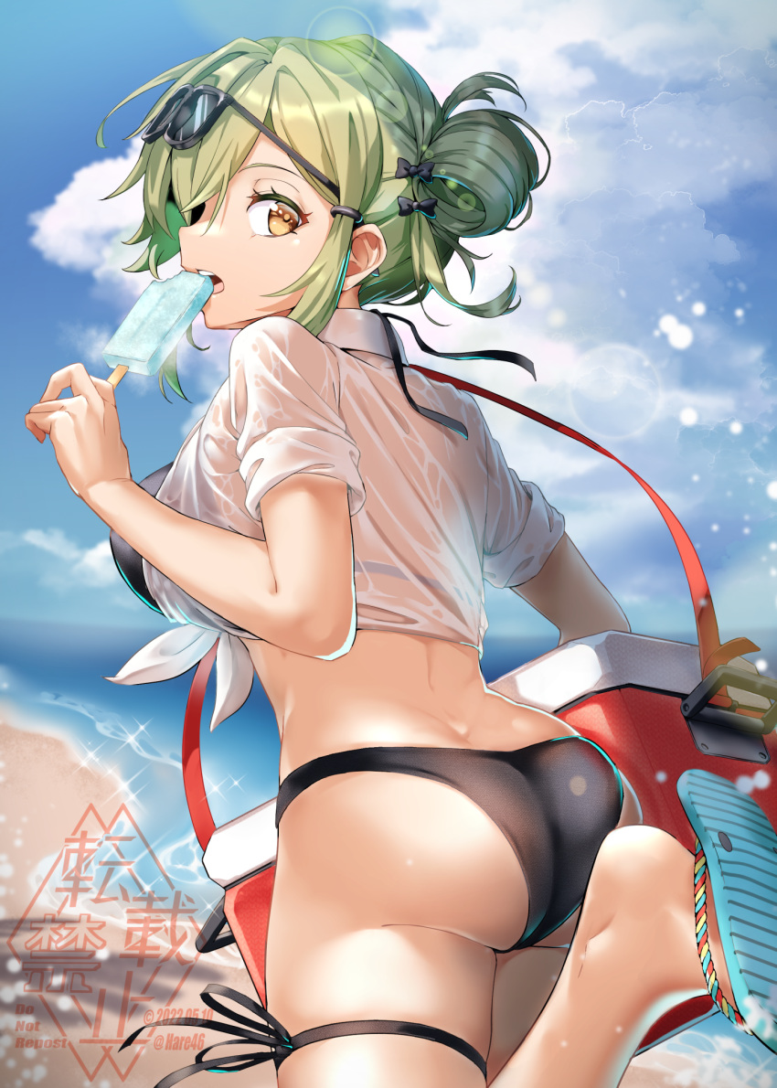 ass, back, beach, bikini, black_bikini, blue_sky, breasts, brown_eyes, collared_shirt, commentary_request, cooler, day, eyewear_on_head, flip-flops, food, girls_frontline, green_hair, hair_bun, hair_ribbon, highres, holding, holding_food, kagami_(haret46), large_breasts, looking_at_viewer, looking_to_the_side, magal_(girls'_frontline), ocean, outdoors, popsicle, ribbon, sandals, see-through, see-through_shirt, shirt, signature, sky, solo, sunglasses, swimsuit, tied_shirt, walking, watermark, white_shirt