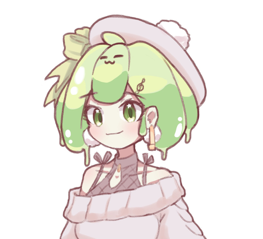 beret, collarbone, earrings, english_commentary, fusion, green_eyes, green_hair, grey_sweater