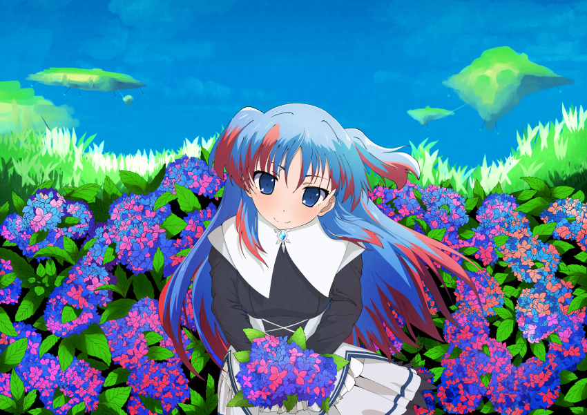 1girl, blue_eyes, blue_hair, blue_sky, blush, chtholly_nota_seniorious, clouds, field