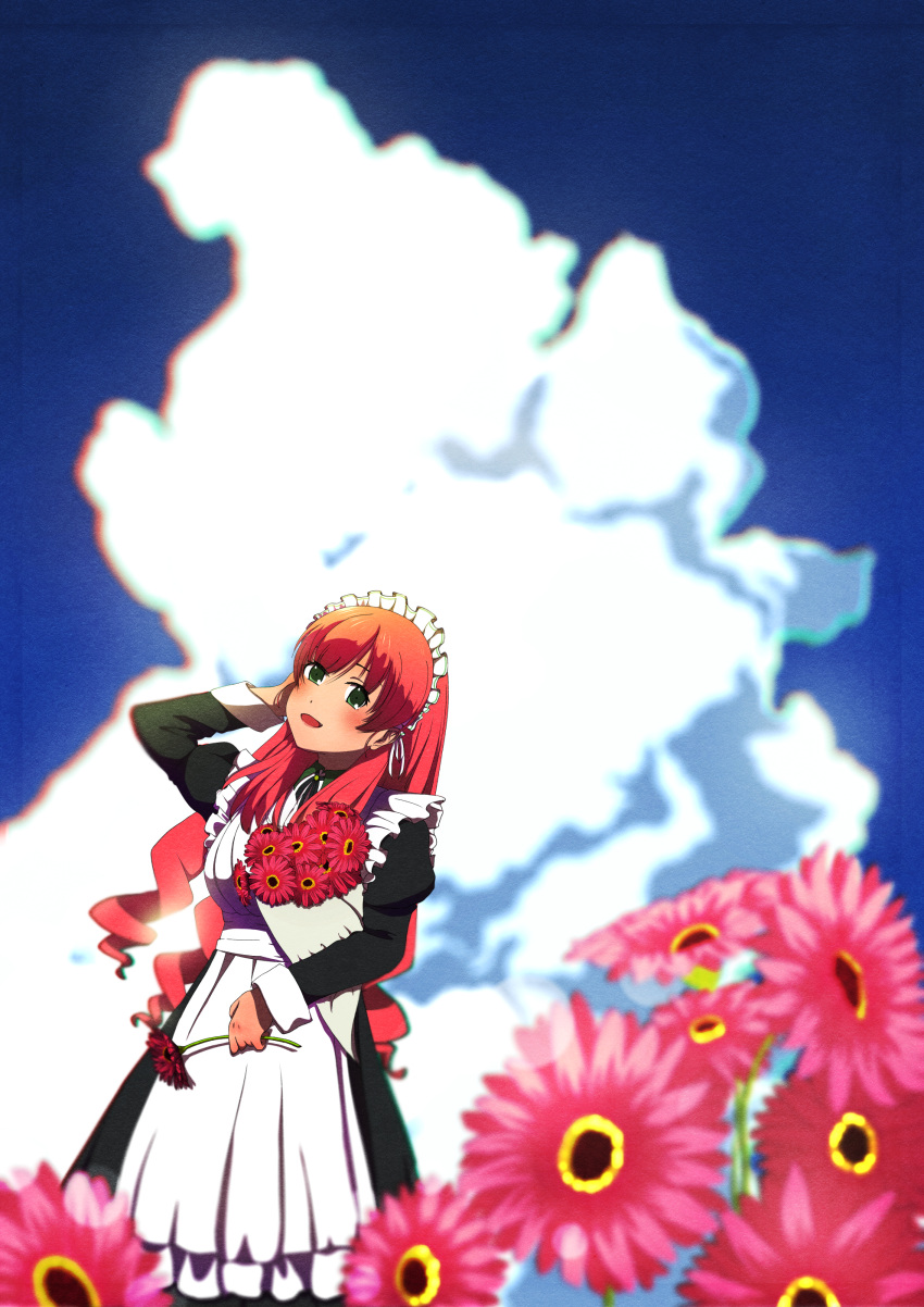 1girl, absurdres, blue_sky, clouds, field, flower, flower_field, highres