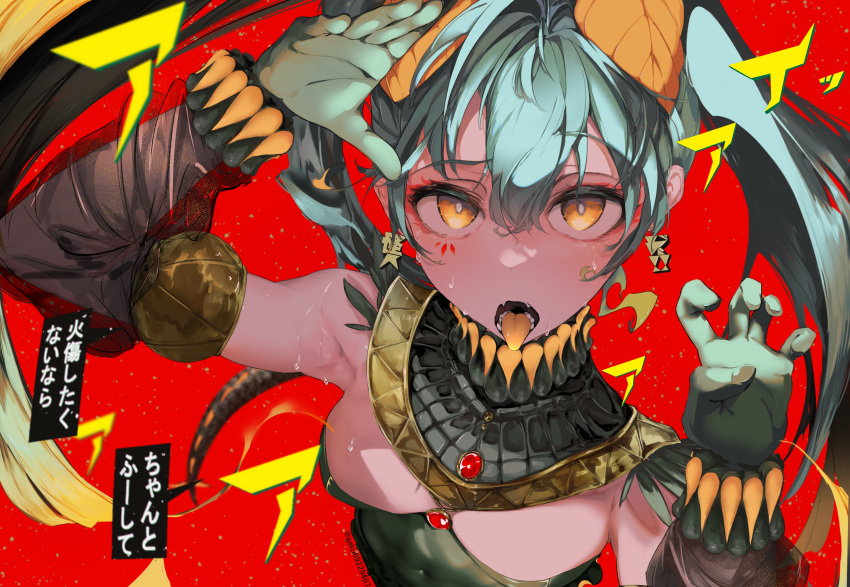 1girl, arm_up, breasts, claw_pose, earrings, fangs, fingernails, from_above