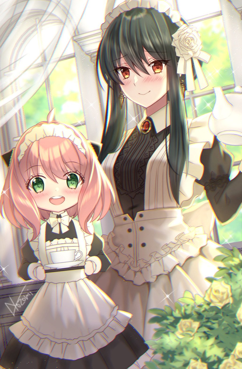 2girls, anya_(spy_x_family), apron, blush, cup, dark_green_hair, green_eyes, highres