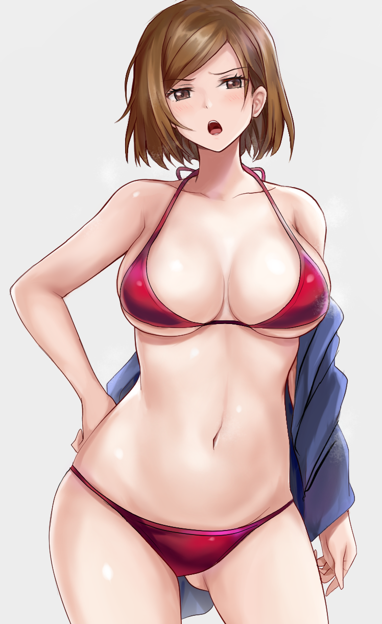1girl, :o, bangs, bikini, blue_jacket, breasts, brown_eyes, brown_hair, commentary_request, contrapposto, cowboy_shot, furrowed_brow, halterneck, hand_on_hip, highres, jacket, jujutsu_kaisen, kugisaki_nobara, large_breasts, looking_at_viewer, navel, off_shoulder, open_mouth, r-binon, red_bikini, short_hair, solo, stomach, swept_bangs, swimsuit
