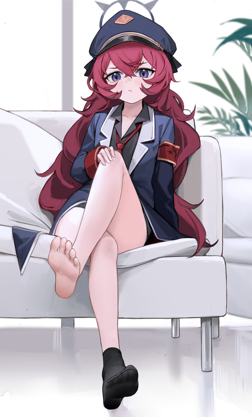 1girl, absurdres, armband, bangs, bare_legs, barefoot, black_legwear, black_shirt