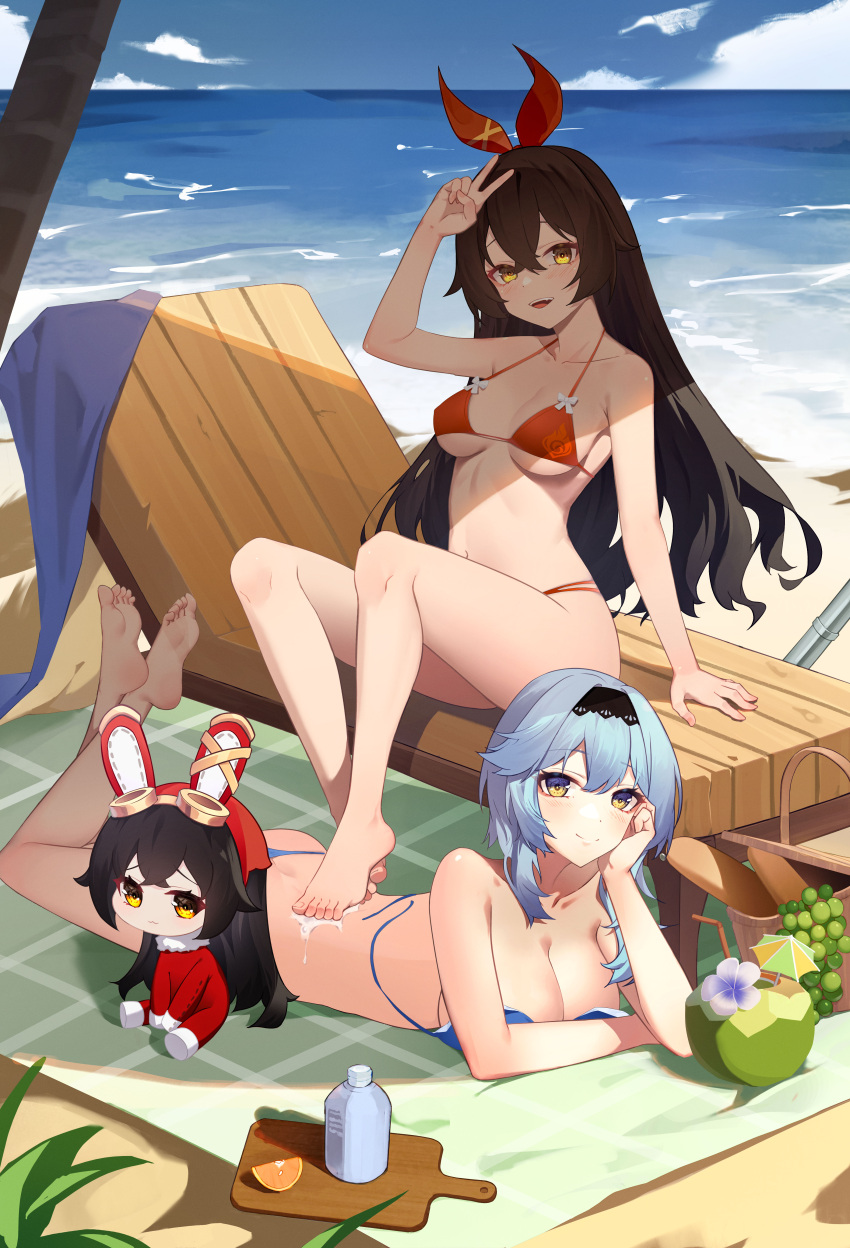 3girls, absurdres, amber_(genshin_impact), animal_ears, applying_sunscreen, arm_up, bangs, barefoot