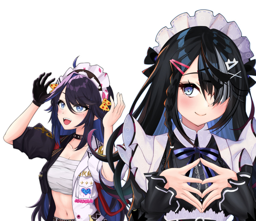 2girls, :d, bandages, bangs, black_dress, black_gloves, black_hair, blue_eyes