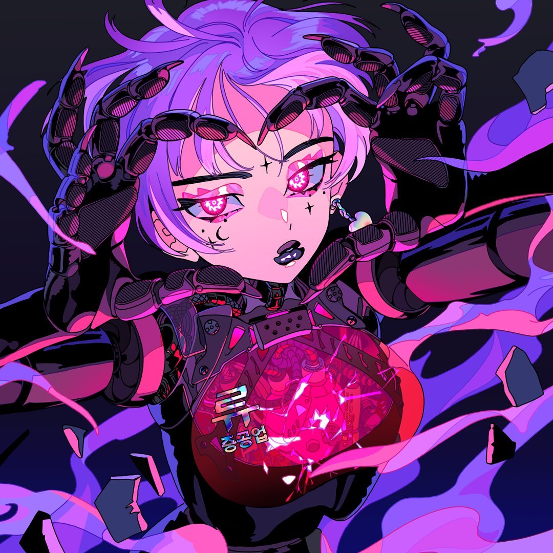 1girl, album_cover, android, black_lips, bloodypepper, breasts, cover, earrings