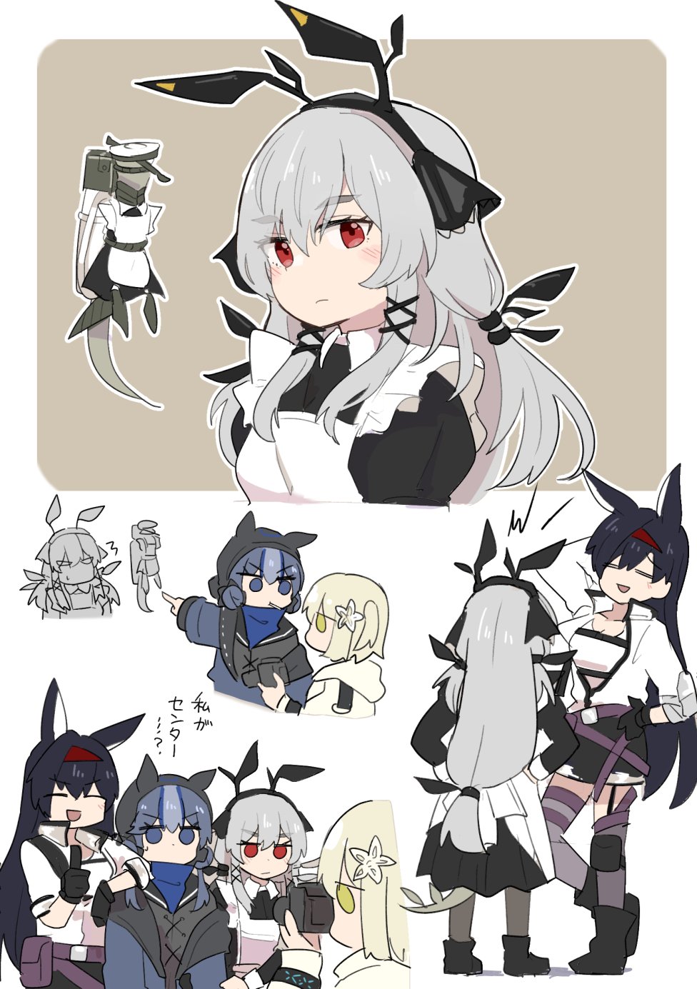 4girls, animal_ears, arknights, black_gloves, black_skirt, blaze_(arknights), blue_eyes, blue_hair, camera, cat_ears, cat_girl, closed_eyes, commentary_request, glaucus_(arknights), gloves, green_eyes, grey_hair, highres, holding, holding_camera, jacket, kumamoto_aichi, leaf_(arknights), long_hair, looking_at_viewer, multiple_girls, open_mouth, red_eyes, scene_(arknights), short_hair, skirt, smile, tank_top, thumbs_up, translation_request, weedy_(arknights), white_jacket, white_tank_top