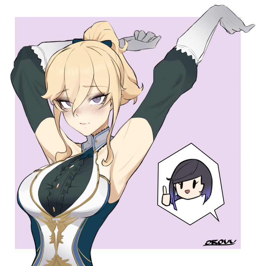2girls, :d, armpits, arms_up, bare_shoulders, black_hair, blonde_hair, blue_hair