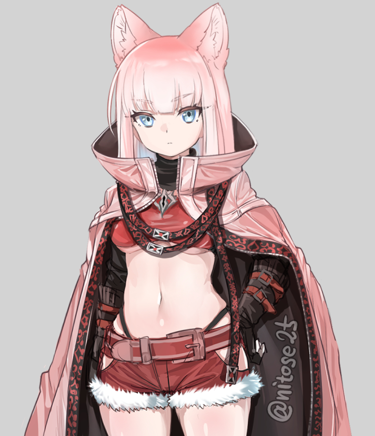 1girl, animal_ear_fluff, animal_ears, artist_name, bangs, belt, black_gloves, black_panties, blue_eyes, blunt_bangs, breasts, cat_ears, cloak, crop_top, cutoffs, expressionless, eyebrows_visible_through_hair, fingerless_gloves, gloves, grey_background, hand_on_hip, highleg, highleg_panties, midriff, navel, nyifu, open_cloak, open_clothes, original, panties, panty_straps, pink_cloak, pink_hair, red_shirt, red_shorts, shirt, short_hair, short_shorts, shorts, simple_background, solo, thighs, under_boob, underwear, watermark