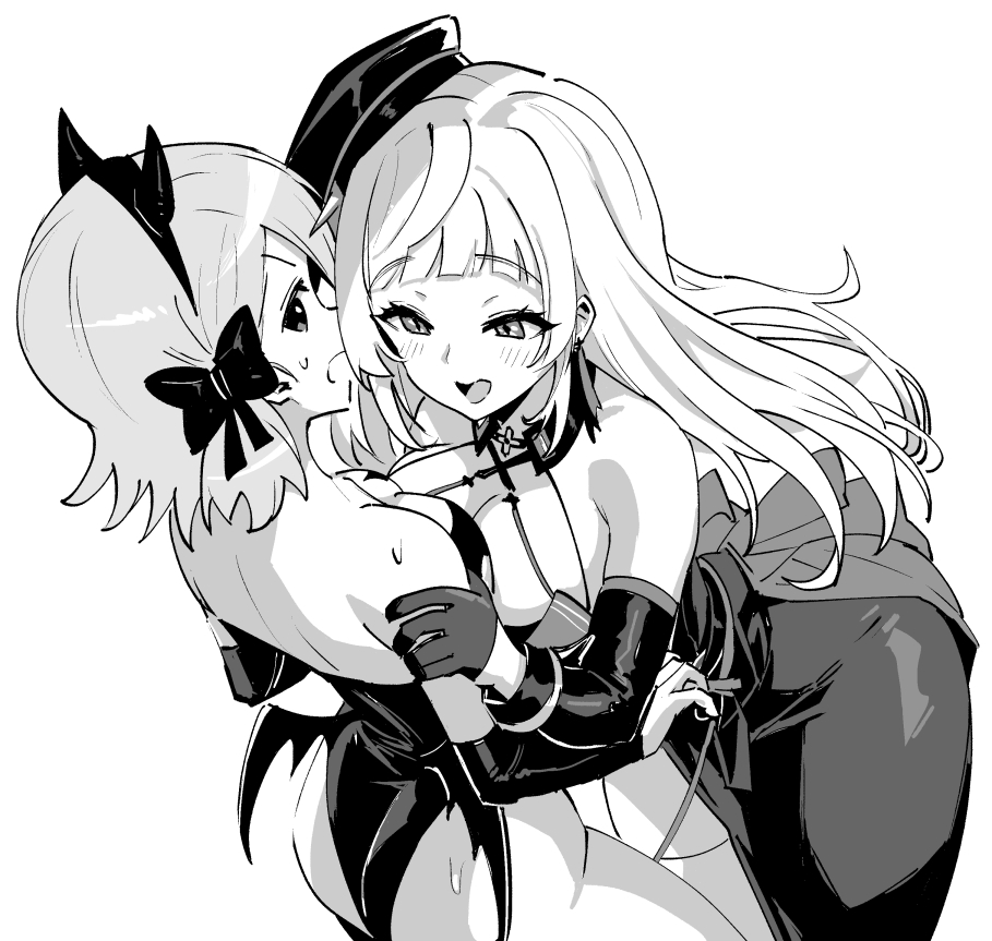 2girls, azur_lane, azur_lane:_slow_ahead, backless_outfit, bangs, bare_back, bare_shoulders, bat_wings, blush, bow, bridal_gauntlets, criss-cross_halter, fake_horns, gloves, greyscale, hair_bow, half_gloves, halterneck, hori_(hori_no_su), horns, long_hair, lutzow_(azur_lane), lutzow_(everlasting_blood_banquet)_(azur_lane), monochrome, multiple_girls, official_alternate_costume, official_art, short_hair, sweatdrop, tilted_headwear, vampire_costume, wings, z23_(azur_lane)