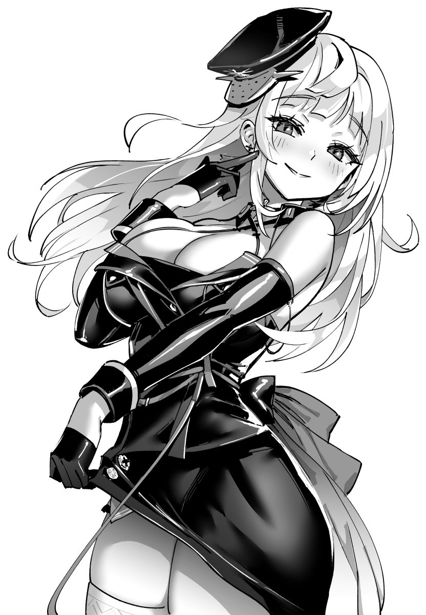1girl, azur_lane, azur_lane:_slow_ahead, bangs, bare_shoulders, blush, breasts, criss-cross_halter, earrings, gloves, greyscale, half_gloves, halterneck, hat, highres, hori_(hori_no_su), jewelry, large_breasts, long_hair, lutzow_(azur_lane), lutzow_(everlasting_blood_banquet)_(azur_lane), monochrome, official_art, parted_lips, peaked_cap, tilted_headwear