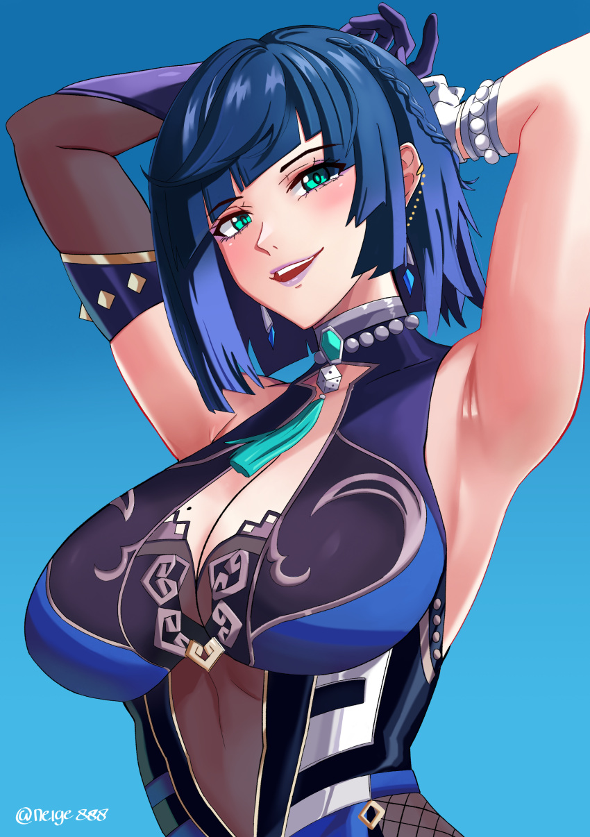 1girl, absurdres, armpits, arms_up, bangs, black_gloves, blue_background, blue_dress