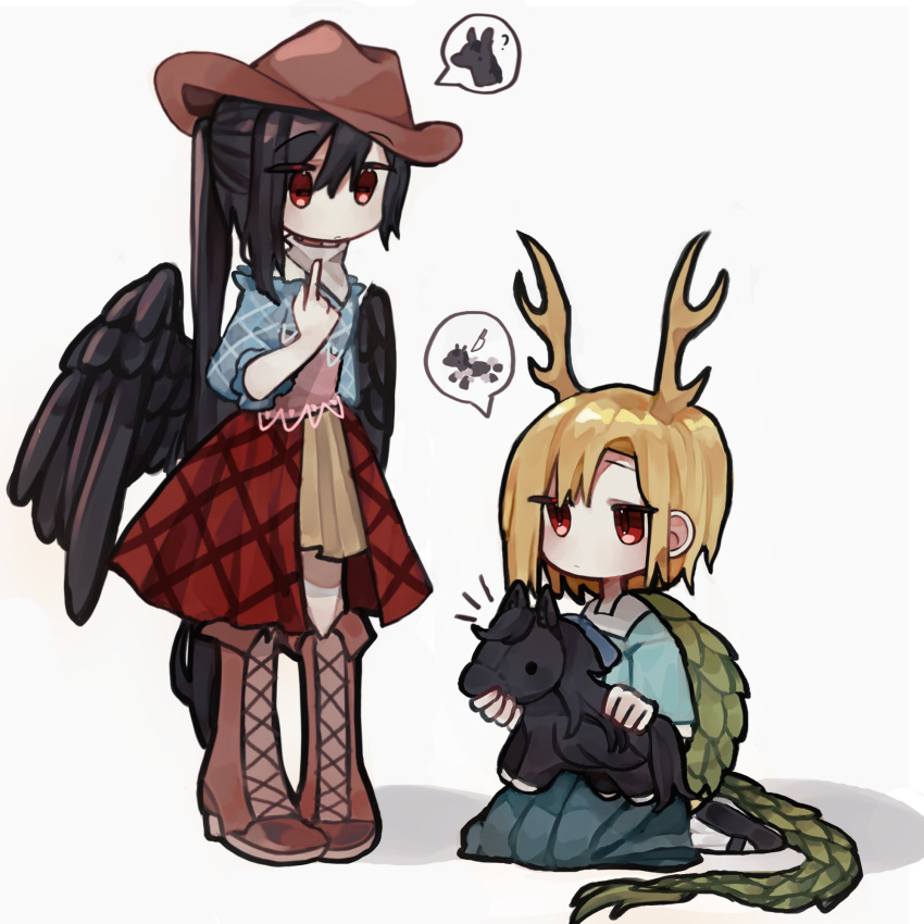 !, 2girls, ?, animal, antlers, bangs, black_footwear, black_hair