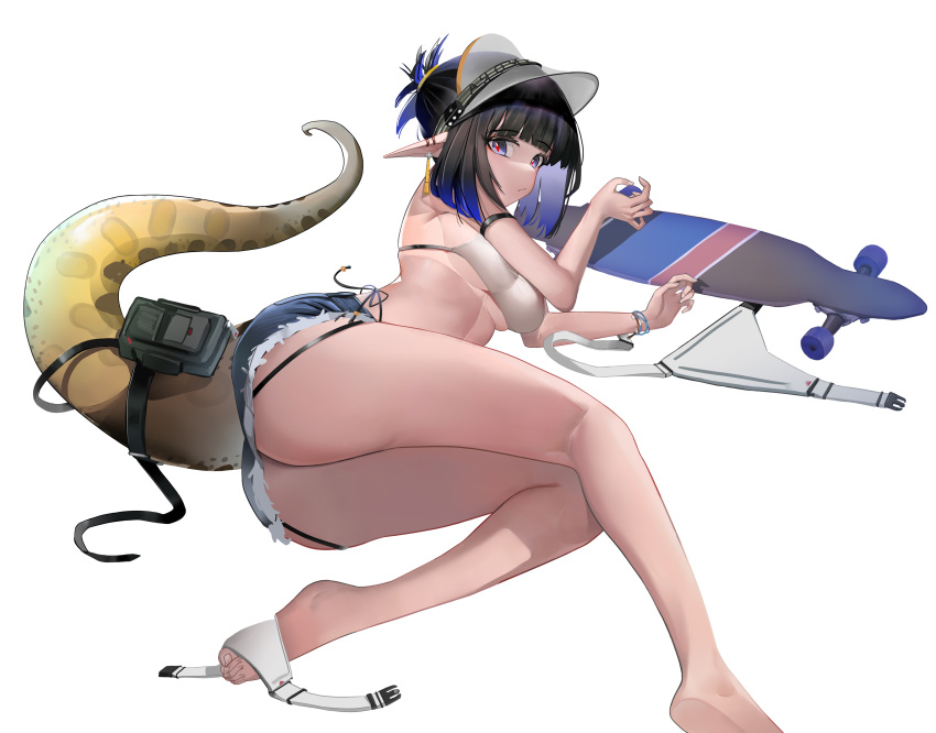 1girl, absurdres, arknights, ass, barefoot, black_hair, blue_eyes, blue_hair