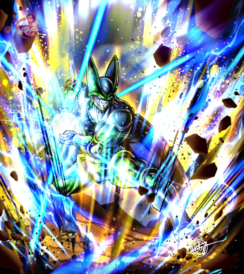 1boy, absurdres, android, aura, blz_(blz151101), cell_(dragon_ball), closed_mouth, dragon_ball, dragon_ball_z, english_commentary, full_body, highres, kamehameha, light_particles, male_focus, perfect_cell, red_eyes, rock, signature, smirk, solo, standing