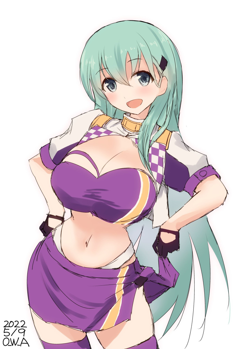 1girl, aqua_eyes, aqua_hair, black_gloves, commentary_request, cosplay, cowboy_shot, cropped_jacket