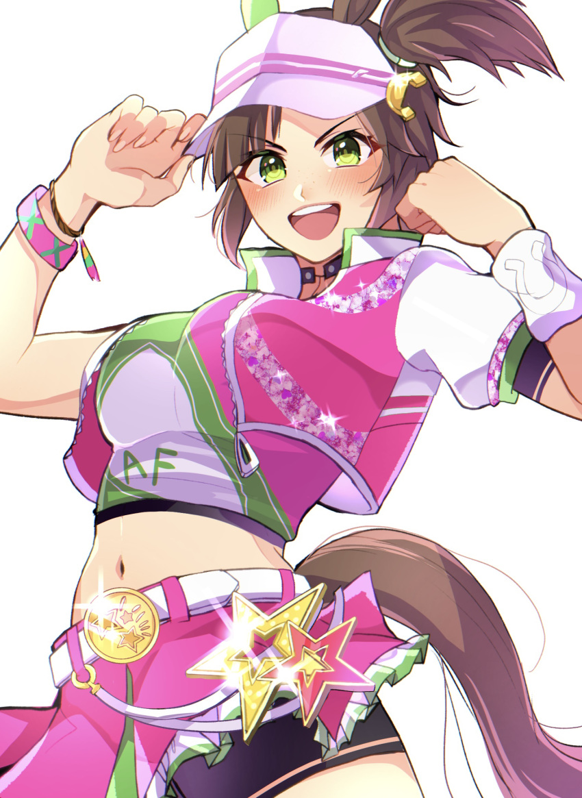 1girl, animal_ears, breasts, brown_hair, crop_top, cropped_jacket, freckles, green_eyes