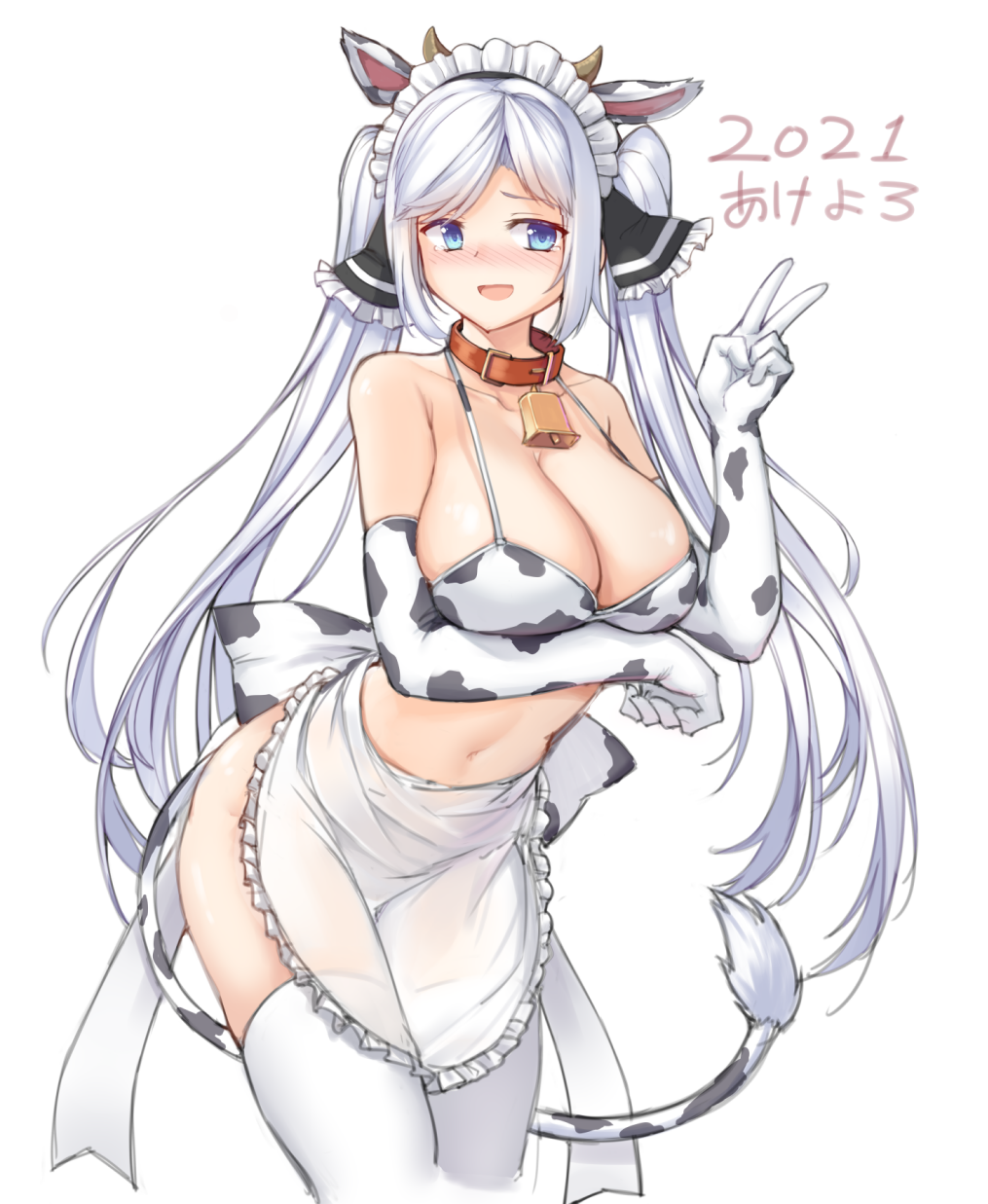 1girl, 2021, animal_ears, animal_print, bell, bikini, blue_eyes, breasts, chinese_zodiac, cow_ears, cow_girl, cow_print, cow_tail, cowbell, elbow_gloves, gloves, highres, kuromori_(1010845110), large_breasts, long_hair, looking_at_viewer, maid, navel, original, print_bikini, print_gloves, simple_background, smile, solo, swimsuit, tail, thigh-highs, twintails, v, very_long_hair, white_background, white_hair, white_legwear, year_of_the_ox