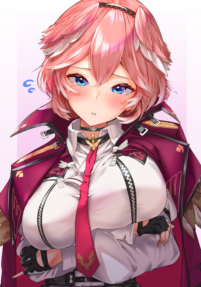 1girl, absurdres, bangs, bird_girl, black_gloves, blue_eyes, blush, breast_hold