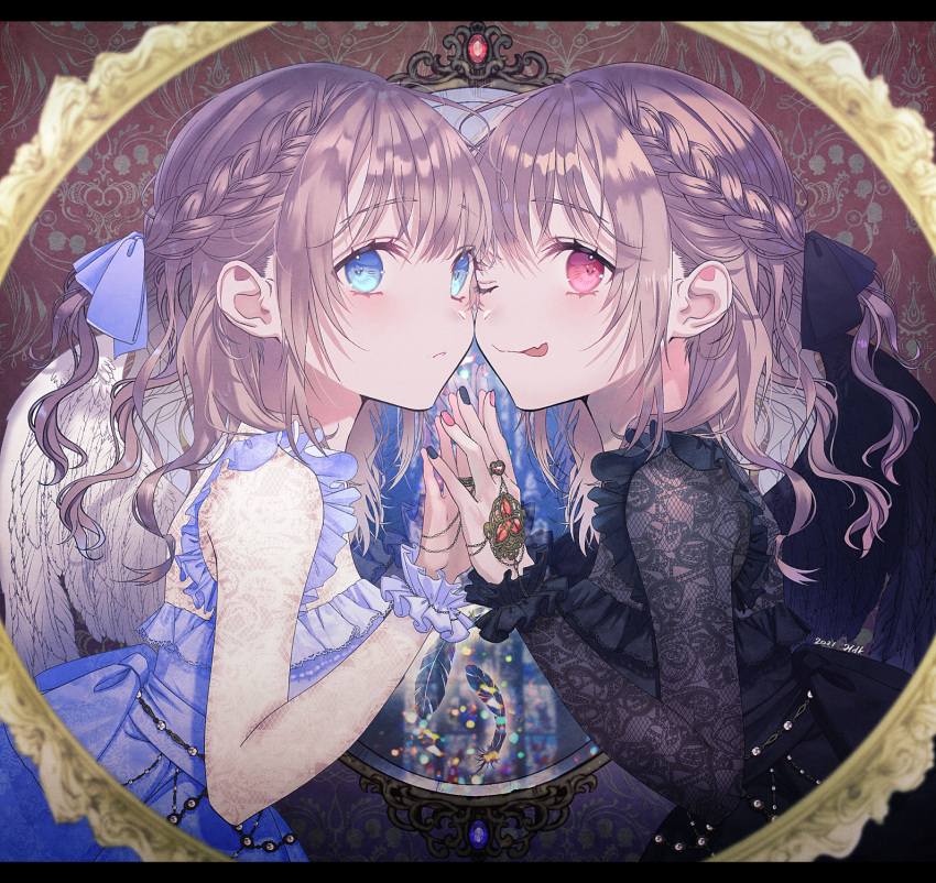 2girls, album_cover, black_dress, black_ribbon, blue_dress, blue_eyes, blue_ribbon, braid