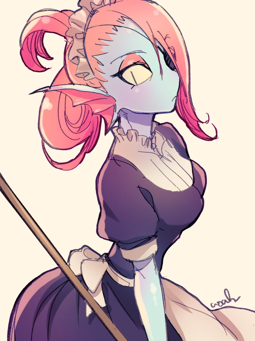 1girl, alternate_costume, apron, black_dress, blue_skin, breasts, broom, colored_sclera