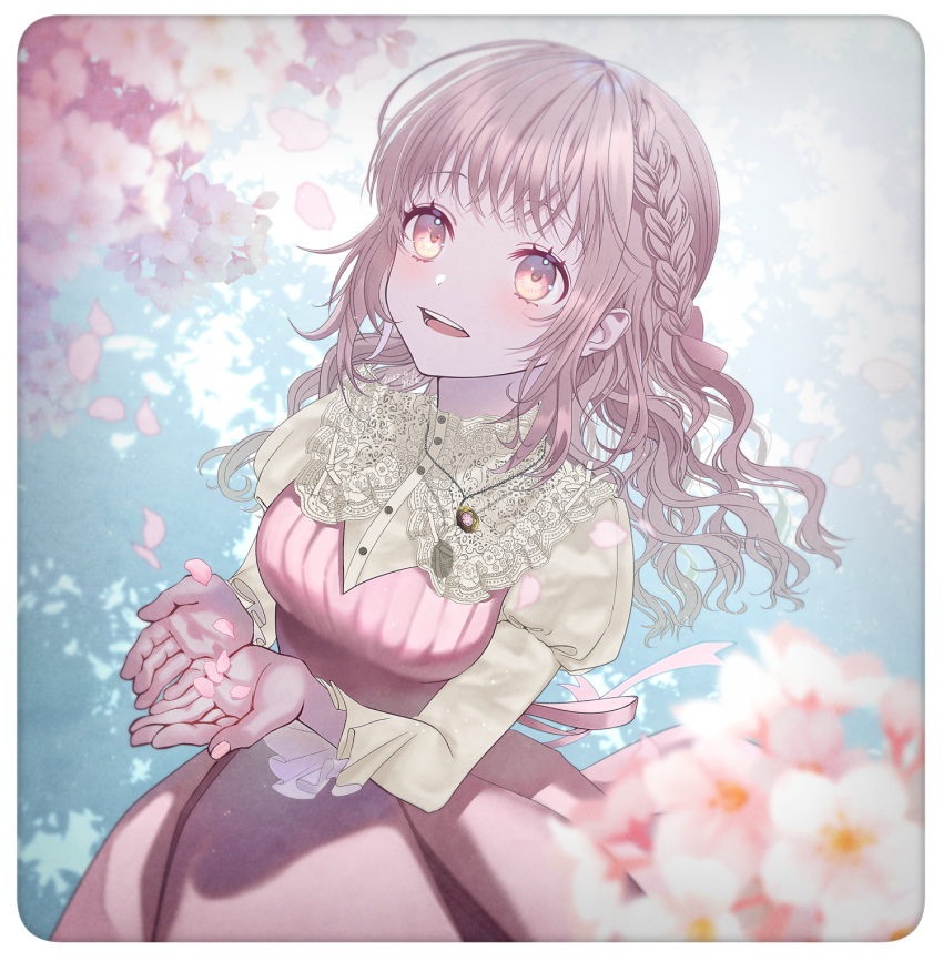1girl, album_cover, blurry, blurry_foreground, blush, border, braid, brown_eyes