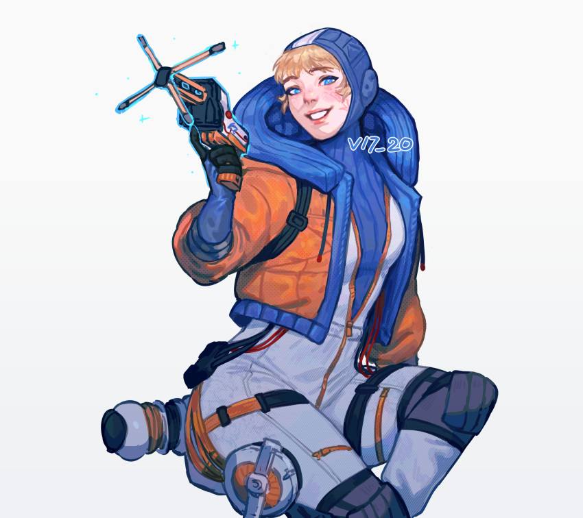 1girl, absurdres, apex_legends, blonde_hair, blue_bodysuit, blue_eyes, blue_headwear, bodysuit