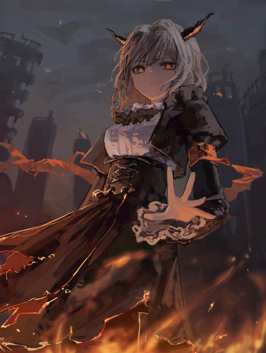 1girl, absurdres, arknights, armband, ascot, black_ascot, black_dress, city