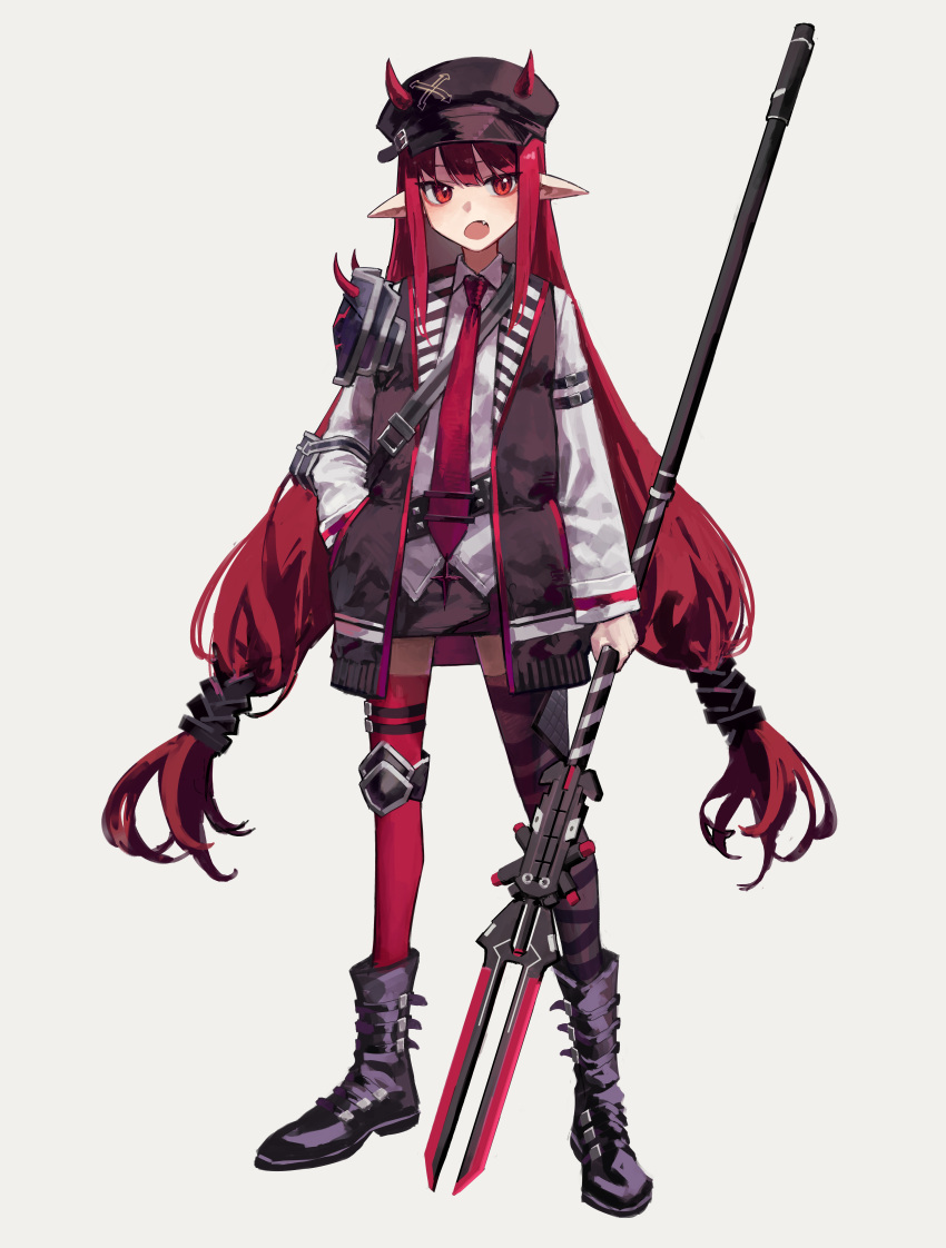 1girl, absurdres, arknights, black_footwear, black_skirt, black_vest, boots, collared_shirt