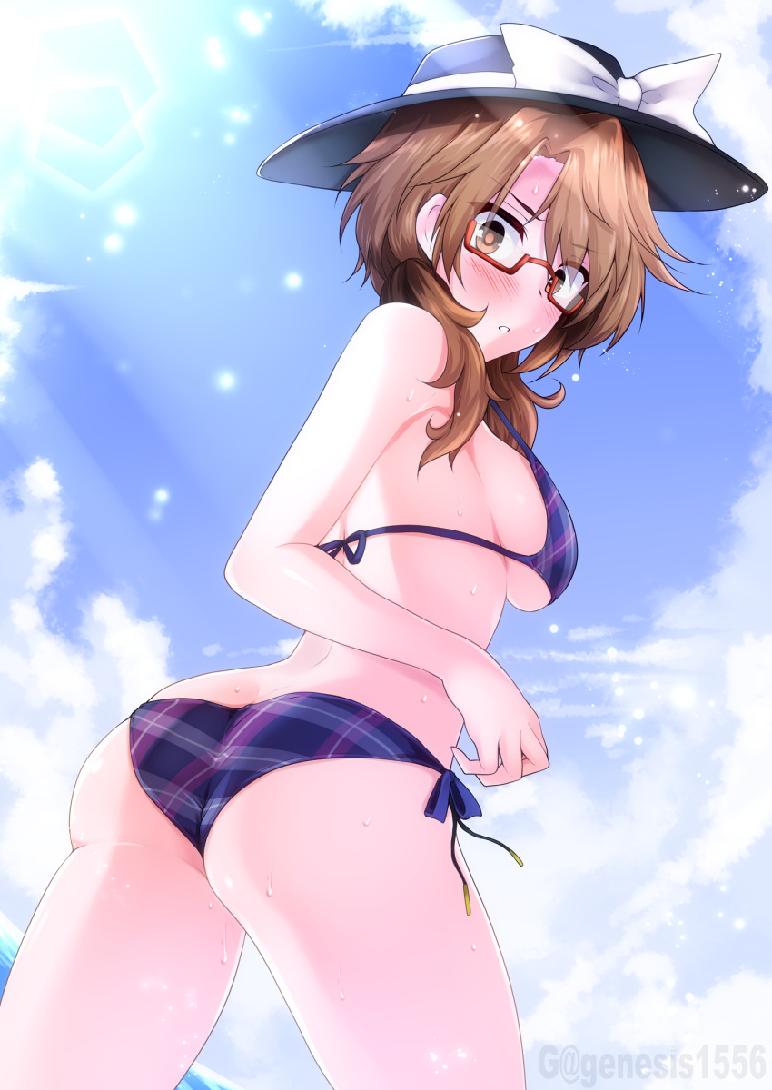 1girl, :o, ass, bangs, bare_shoulders, bikini, black_headwear, blue_ribbon, blue_sky, blush, bow, breasts, brown_eyes, brown_hair, clouds, cowboy_shot, day, eyebrows_visible_through_hair, from_behind, g_(genesis1556), glasses, hat, hat_bow, highres, large_breasts, leaning_forward, lens_flare, long_hair, looking_at_viewer, looking_back, low_twintails, outdoors, parted_lips, plaid, plaid_bikini, purple_bikini, rectangular_eyewear, red-framed_eyewear, ribbon, semi-rimless_eyewear, side-tie_bikini, sideboob, skindentation, sky, solo, strap_gap, sunlight, swimsuit, thigh-highs, touhou, twintails, under-rim_eyewear, usami_sumireko, v-shaped_eyebrows, white_bow
