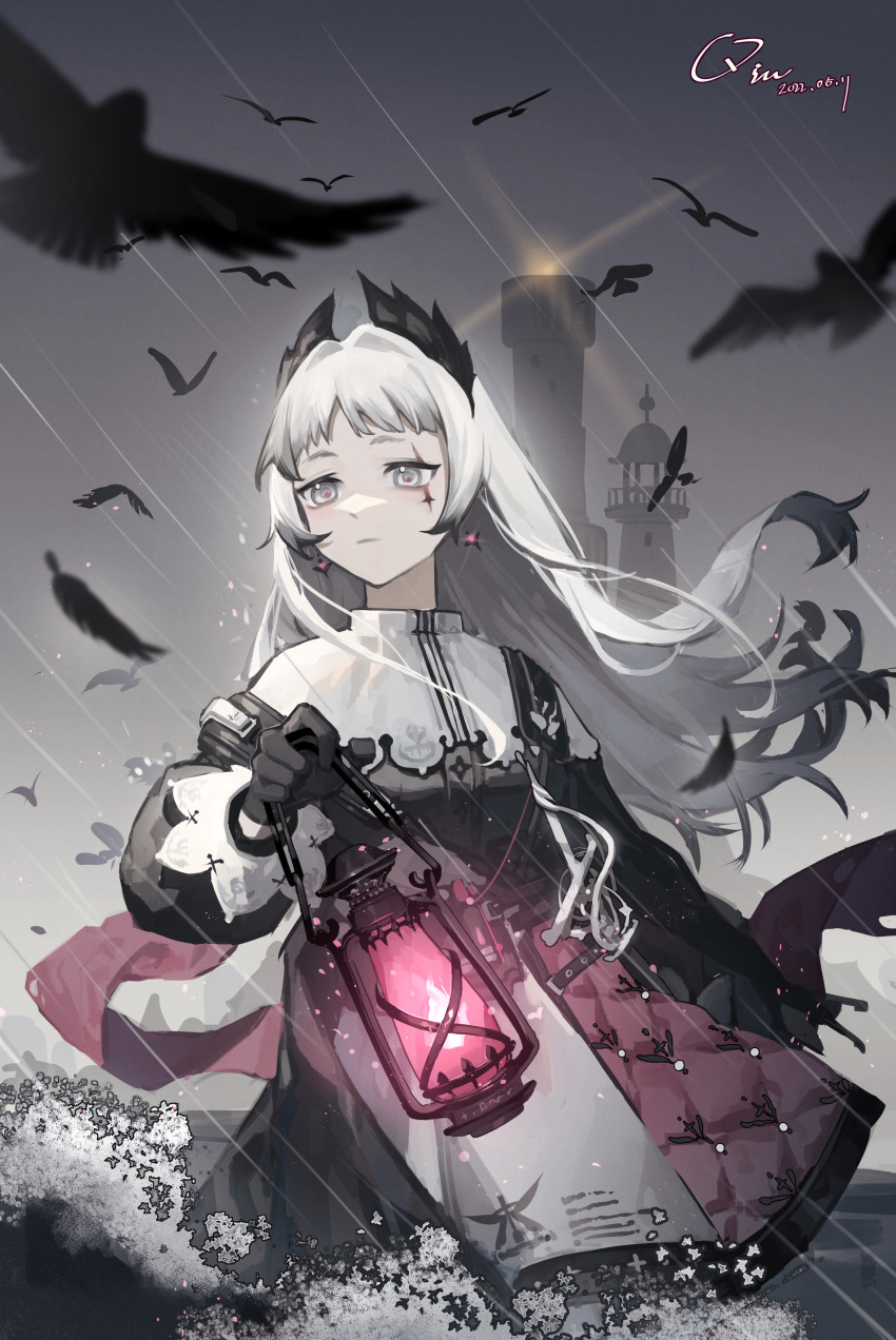 1girl, absurdres, arknights, arm_at_side, bangs, belt, bird, black_dress, black_gloves, capelet, closed_mouth, clouds, cloudy_sky, cross_scar, crow, dated, dress, earrings, flock, flying, gloves, grey_eyes, hair_lift, harness, highres, holding_lamp, irene_(arknights), jewelry, lantern, lighthouse, long_hair, long_sleeves, maorongxingqiu, puffy_long_sleeves, puffy_sleeves, rain, red_pupils, scabbard, scar, scar_across_eye, scar_on_cheek, scar_on_face, serious, sheath, signature, sky, solo, sword, walking, weapon, white_hair, wind, wind_lift