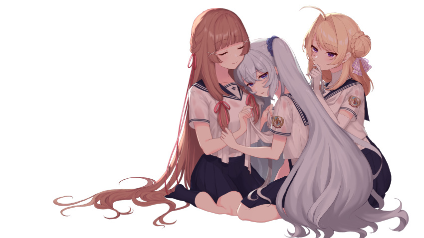 3girls, absurdres, ahoge, backlighting, bangs, blonde_hair, blue_eyes, blue_sailor_collar