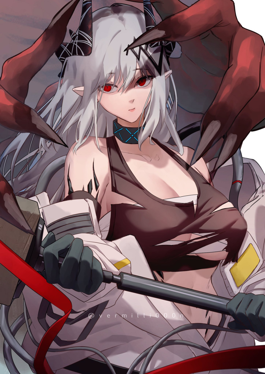 1girl, arknights, bandages, bangs, bare_shoulders, black_choker, black_gloves, breasts