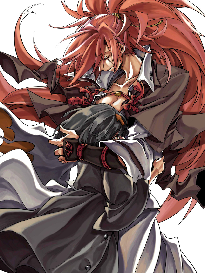 2girls, absurdres, arrow_(symbol), baiken, black_hair, breasts, closed_eyes, collarbone, delilah_(guilty_gear), dong_hole, facial_mark, guilty_gear, guilty_gear_strive, height_difference, highres, hug, japanese_clothes, kimono, large_breasts, long_hair, multiple_girls, pink_hair, ponytail, red_eyes, samurai, scar, scar_across_eye, short_hair, simple_background, tearing_up, tears, white_background