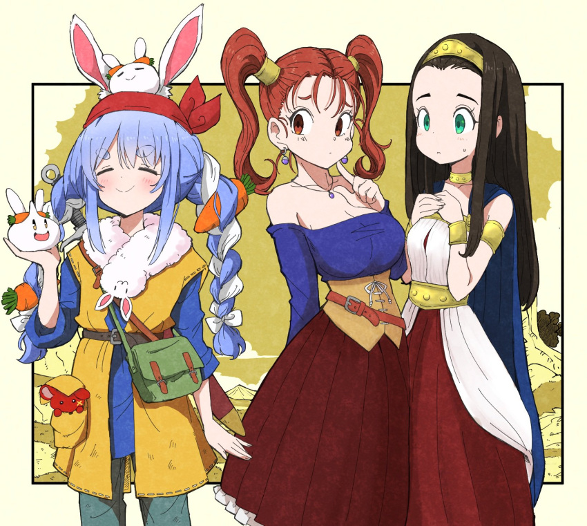 3girls, bandana, belt, black_hair, breasts, brown_eyes, brown_hair, character_request
